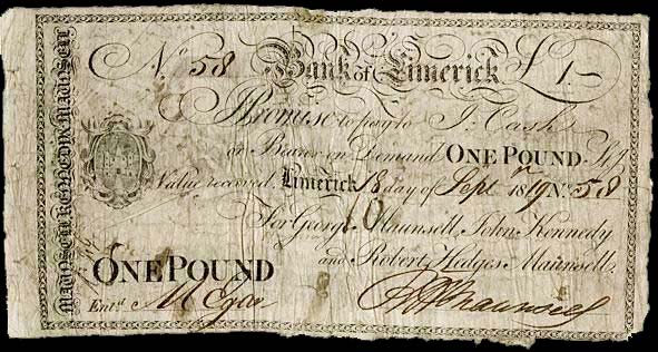 Bank of Limerick, Maunsell's, One Pound, 18 Sept 1819. George Maunsell, John Kennedy, Robert Hedges Maunsell