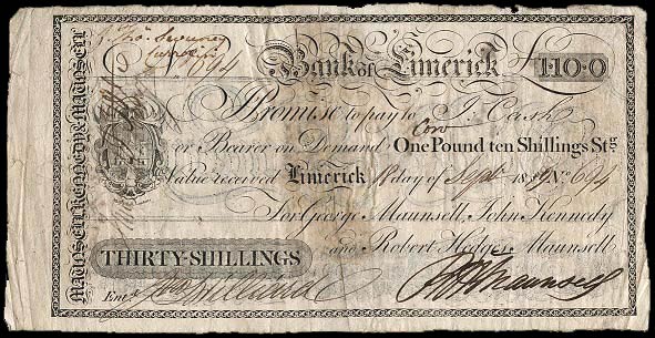 Maunsell's, Bank of Limerick, 30 Shillings, 18 Sept 1819. George Maunsell, John Kennedy, Robert Hedges Maunsell