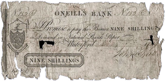 O'Neills Bank Waterford, 9 Shillings, 24 November 1799