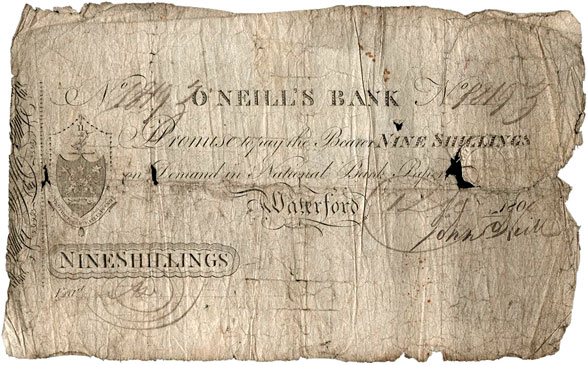 O'Neills Bank Waterford, 9 Shillings, 12 July 1800