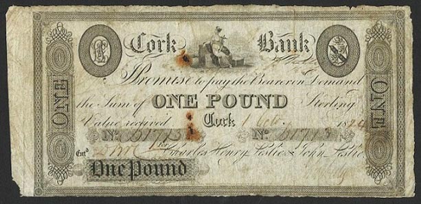 £1, Cork Bank, 1st Oct. 1824. Charles Henry Leslie & John Leslie