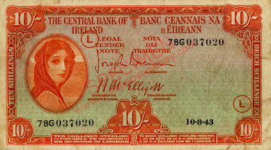 Central Bank of Ireland 10 shillings, 10.8.43 displaced code L