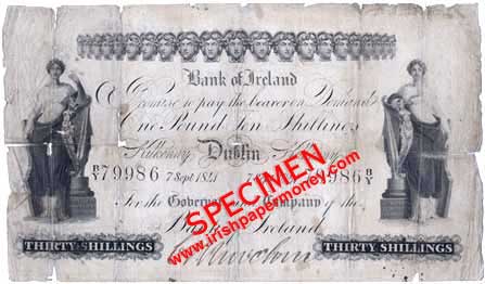 Bank of Ireland Thirty Shillings 1841 Dublin and Kilkenny