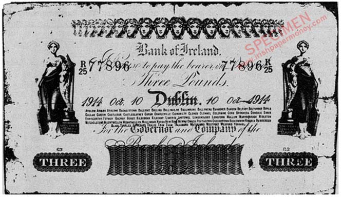 Bank of Ireland Three Pounds 1912. Baskin signature