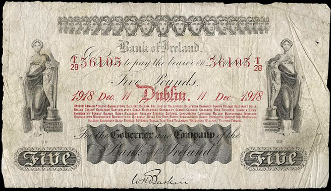 Bank of Ireland Five Pounds 1918. Baskin signature