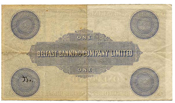 Belfast Banking Company 'blue back' common reverse design, printed on all denominations from 1879