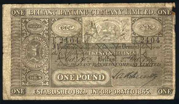 Belfast Banking Company Limited. One Pound 1902