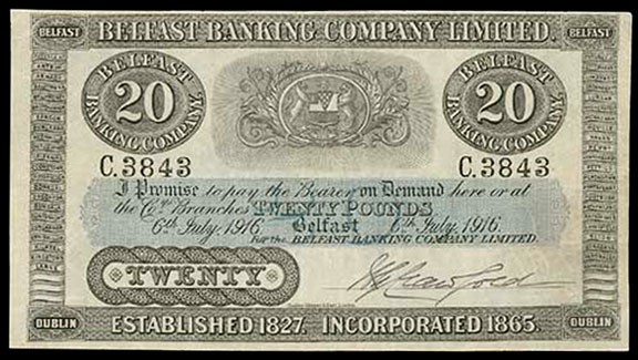 Belfast Banking Company Limited. 20 Pounds 1916