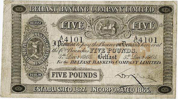Belfast Banking Company Limited. Five Pounds 1905