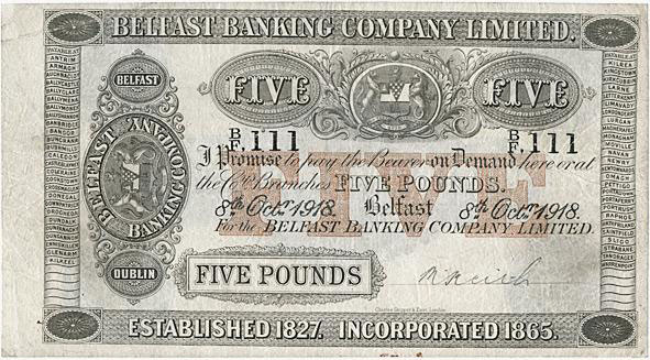 Belfast Banking Company Limited. Five Pounds 1918