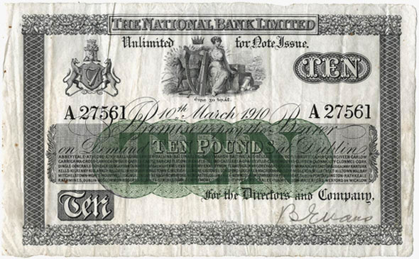 National Bank Ten Pounds 1910 Prefix letter A