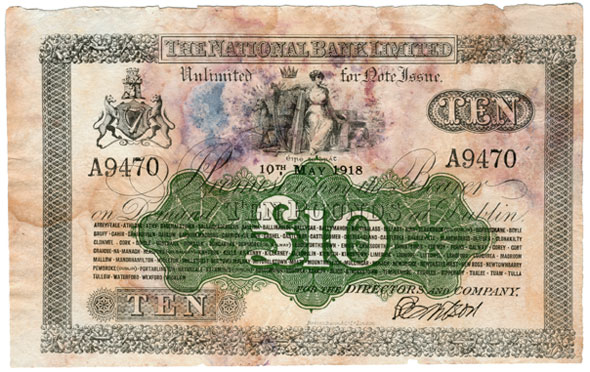 Ireland National Bank Limited 10 Pounds 1918 Prefix A