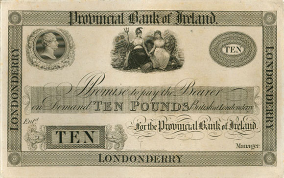 Provincial Bank of Ireland Ten Pounds Londonderry proof ca1826