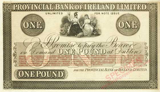 Provincial Bank of Ireland One Pound 1918 reduced size Pre-production proof, using bank branches of the Northern Bank