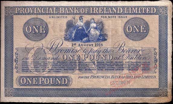 Provincial Bank of Ireland One Pound 1st August 1918 Type Specimen