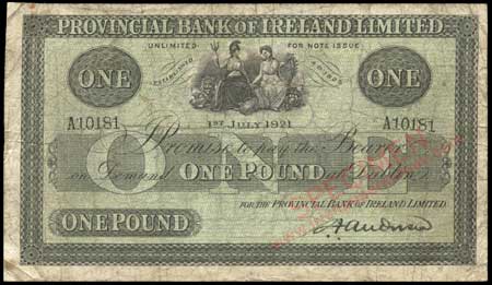 Provincial Bank of Ireland One Pound 1st July 1921, Signature Anderson