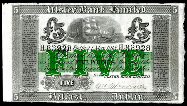 Ulster Bank 5 Pounds 1908