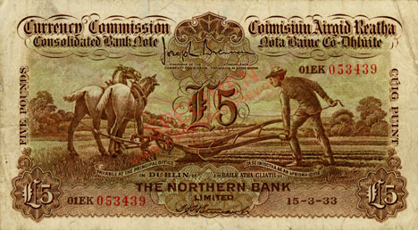 Northern Bank Five Pounds 1933 Ploughman