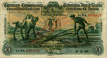 Provincial Bank of Ireland One Pound 1936 Ploughman, Forde signature