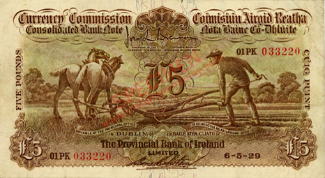 Provincial Bank of Ireland Five Pounds Ploughman