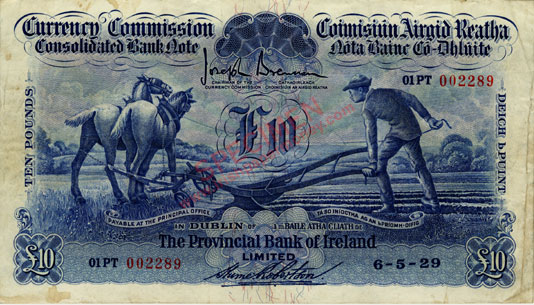Provincial Bank of Ireland Ploughman Ten Pounds 6.5.29. Robertson