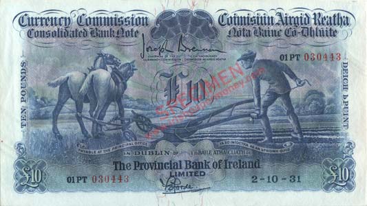 Provincial Bank of Ireland Ploughman Ten Pounds 1931. Fforde