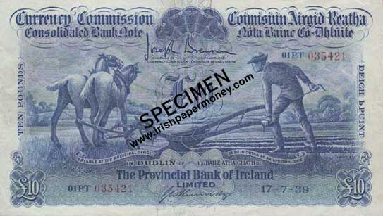 Provincial Bank of Ireland Ploughman 10 Pounds 1939. Kennedy signature