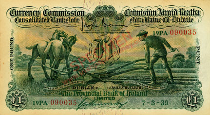 Provincial Bank of Ireland One Pound 1939 Ploughman. Kennedy