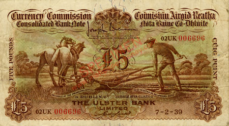 Ulster Bank 5 Pounds Ploughman 1939 Lester signature