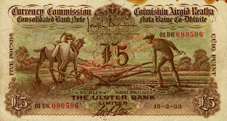 Ulster Bank Five Pounds Ploughman 1933 Patton signature