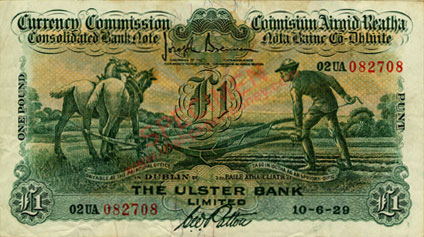 Ulster Bank One Pound Ploughman 1929 Patton signature