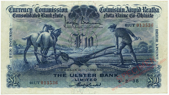 Ulster Bank Ten Pounds Ploughman 1938 Lester signature