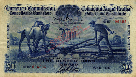 Ulster Bank 10 Pounds Ploughman 1929 Patton signature
