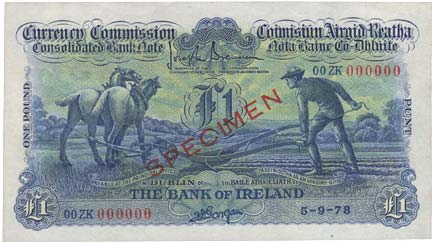 Currency Commission Consolidated Bank Note. One Pound. De La Rue specimen Ploughman