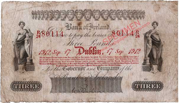 Bank of Ireland 3 Pounds, 1912