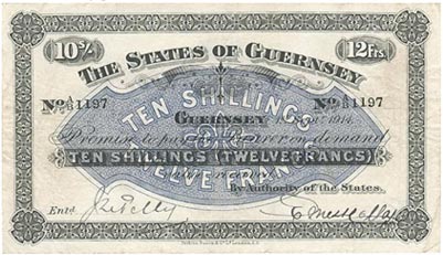 The States of Guernsey, 10 Shillings, 12 Francs, dated 1st Sept. 1914