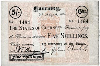 The States of Guernsey, 5 Shillings, 6 Francs, dated 5th August 1914